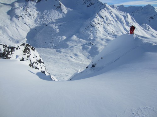 Tele turn into my first real Alaska line as strawberry and raspberry look on.